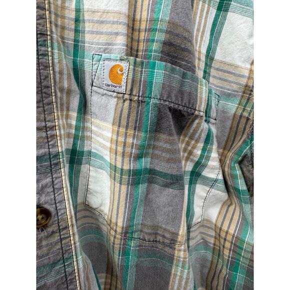 Carhartt Men's Lg Green Plaid Relaxed Fit Cotton Button Down Short Sleeve Shirt - Picture 3 of 5